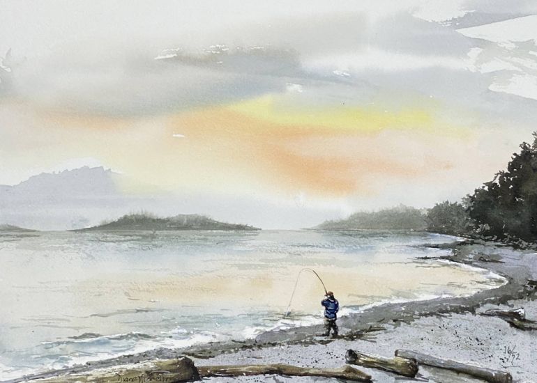 Watercolour painting of fisherman casting into a lake from shore