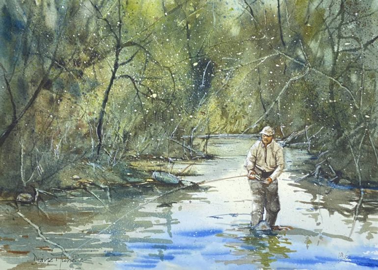 Watercolour painting fisherman fly fishing while standing in river