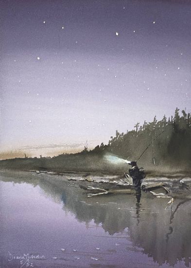 Watercolour painting of fisherman casting into river at night