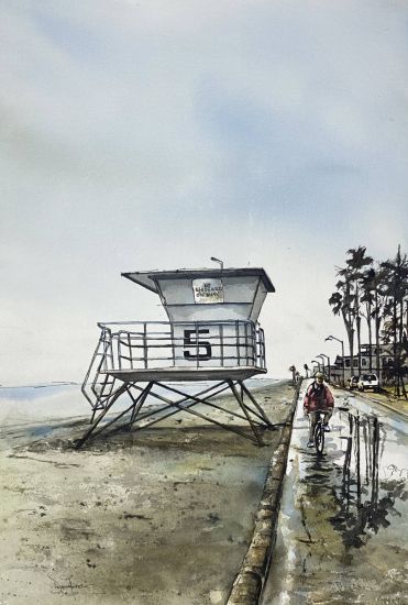 Watercolour painting of cyclist riding next to beach