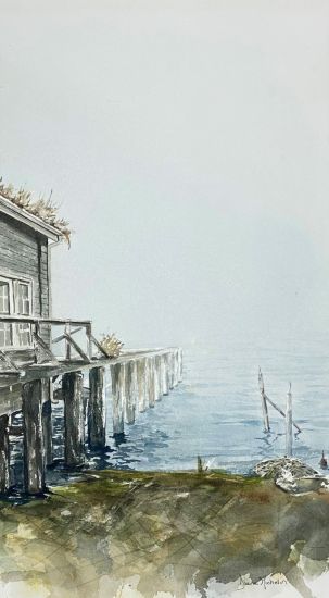 Watercolour painting of dock blanketed with fog