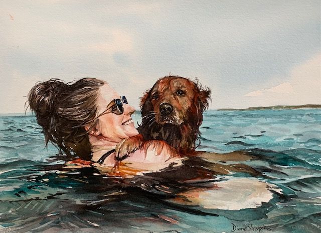 Watercolour painting of woman swimming with dog