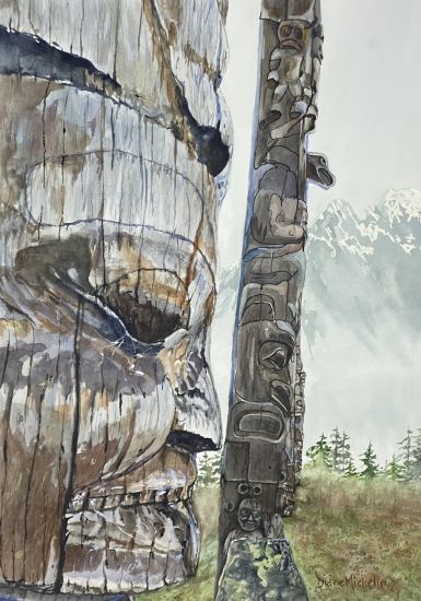Watercolour painting of totem poles up close