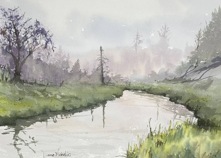 Watercolour painting of river through forest