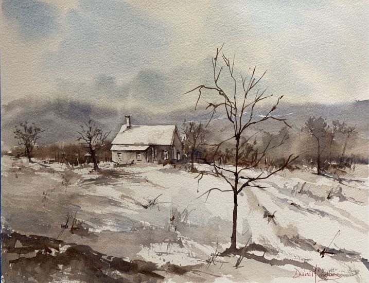 Watercolour painting of farm blanketed with snow