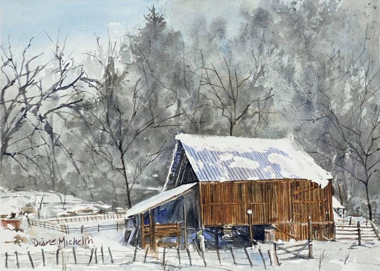 Watercolour painting of wooden barn covered with snow
