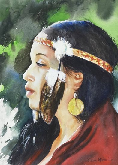 Watercolour portrait of woman with feather headband