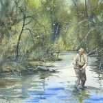 Watercolour painting fisherman fly fishing while standing in river