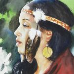 Watercolour portrait of woman with feather headband