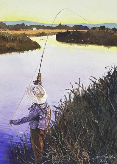 Watercolour painting of fisherman casting into river