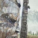 Watercolour painting of totem poles up close