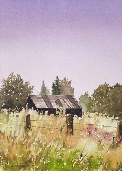 Watercolour painting of barn in field