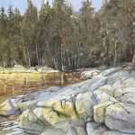 Watercolour painting of rocky lakeside shoreline