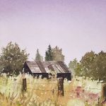 Watercolour painting of barn in field