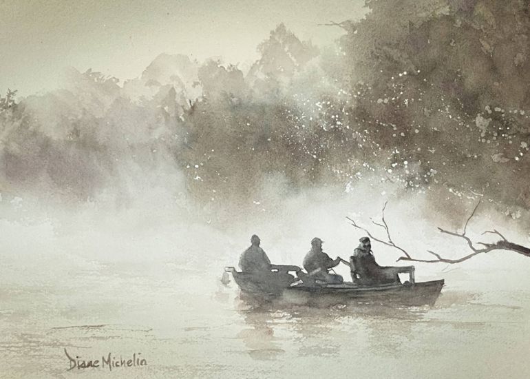 Watercolour painting of canoe paddled by three figures
