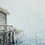 Watercolour painting of dock blanketed with fog