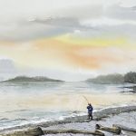 Watercolour painting of fisherman casting into a lake from shore