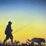 Watercolour painting of fisherman with dog against sunset