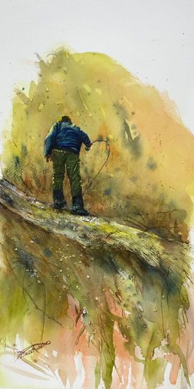Watercolour painting of fisherman casting his rod into the water below