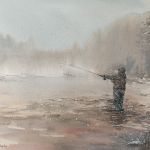 Watercolour painting of fisherman casting into river