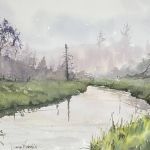 Watercolour painting of river through forest