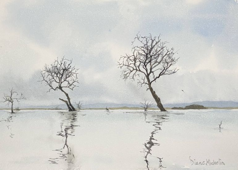 Watercolour painting of trees in lake
