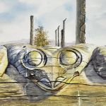 Watercolour painting of totem pole detail