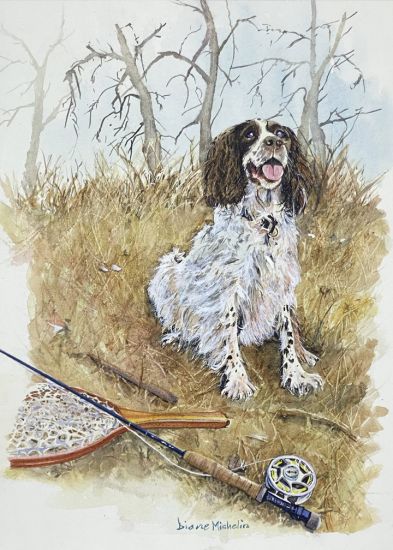 Watercolour painting of dog next to fishing gear
