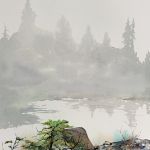 Watercolour painting of shore with fogged covered trees in background