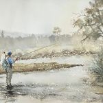 Watercolour painting of fisherman with dog standing in river